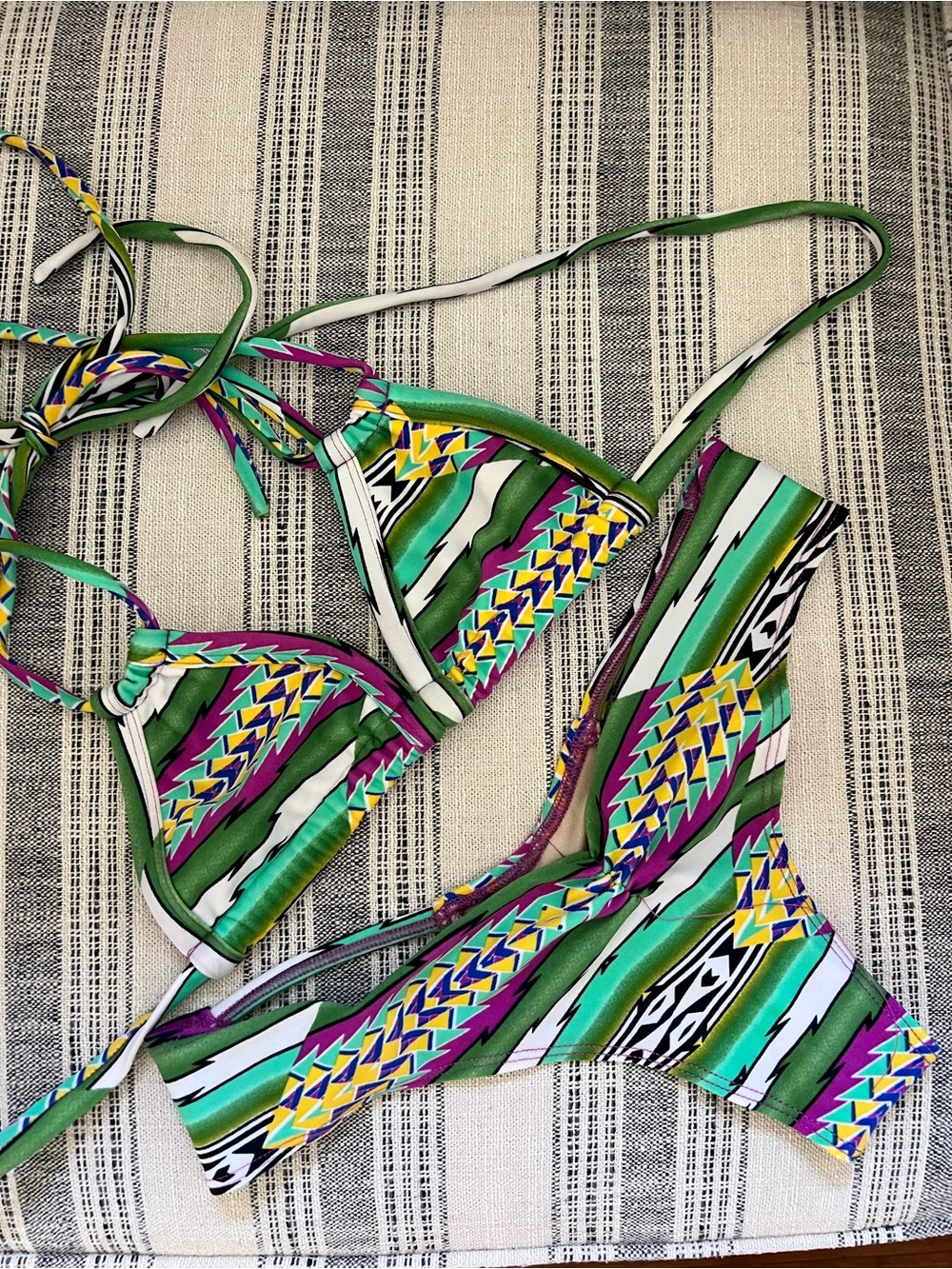 Montce Swim Green Multi-Stripe Triangle Bikini Set - Women Bottom- L, Top S